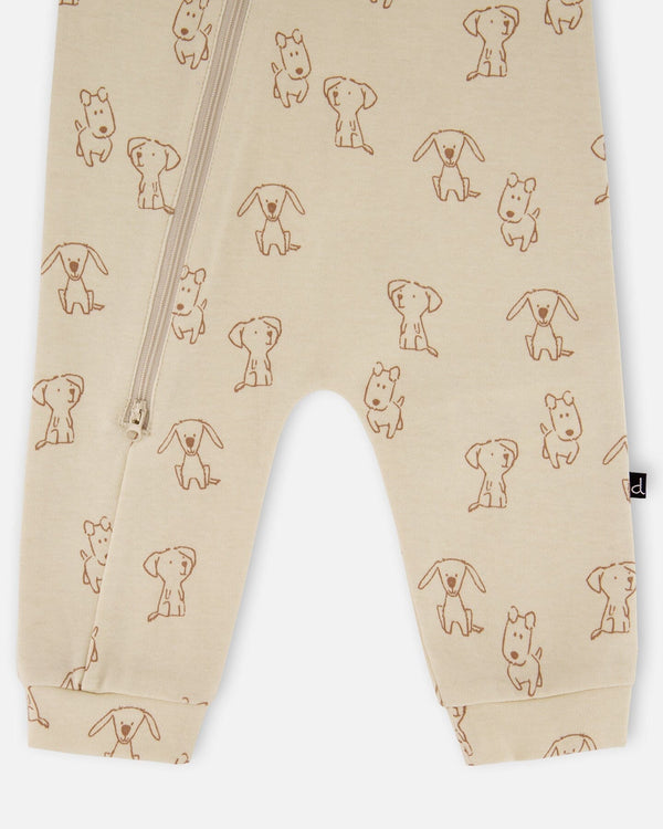 Organic Cotton Zipped Romper Beige Puppy Print - H20C42_050