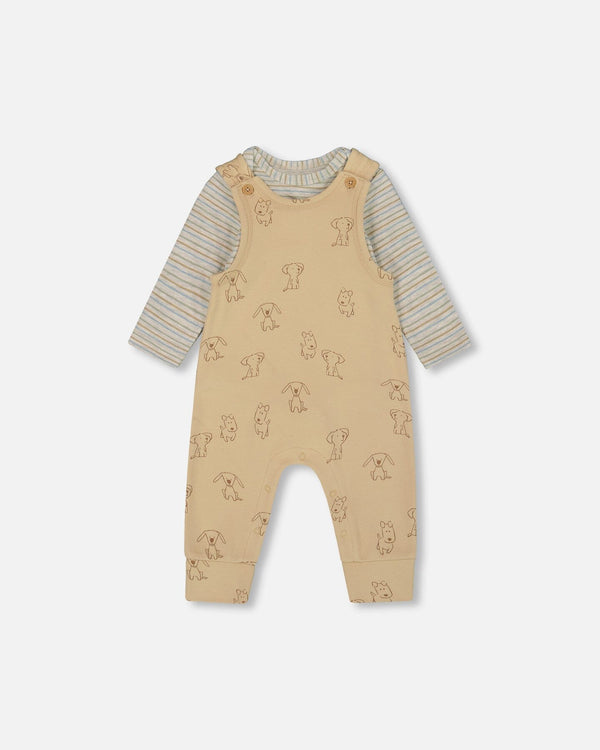 Organic Cotton Onesie With Overalls Set Beige Printed Dogs - H20C43_043