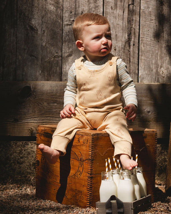Organic Cotton Onesie With Overalls Set Beige Printed Dogs - H20C43_043