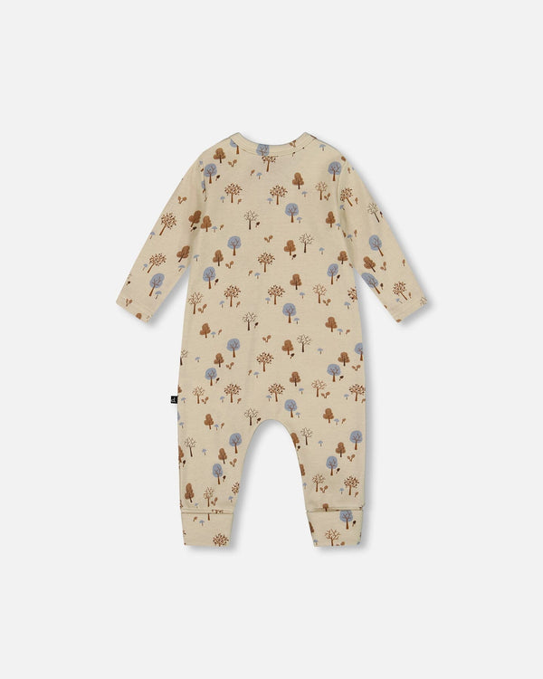 Organic Cotton Zipped Romper Beige Tree Print - H20D42_052