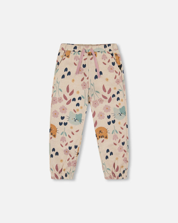 Glittering French Terry Sweatpant Beige Cat Print - H20E21_055