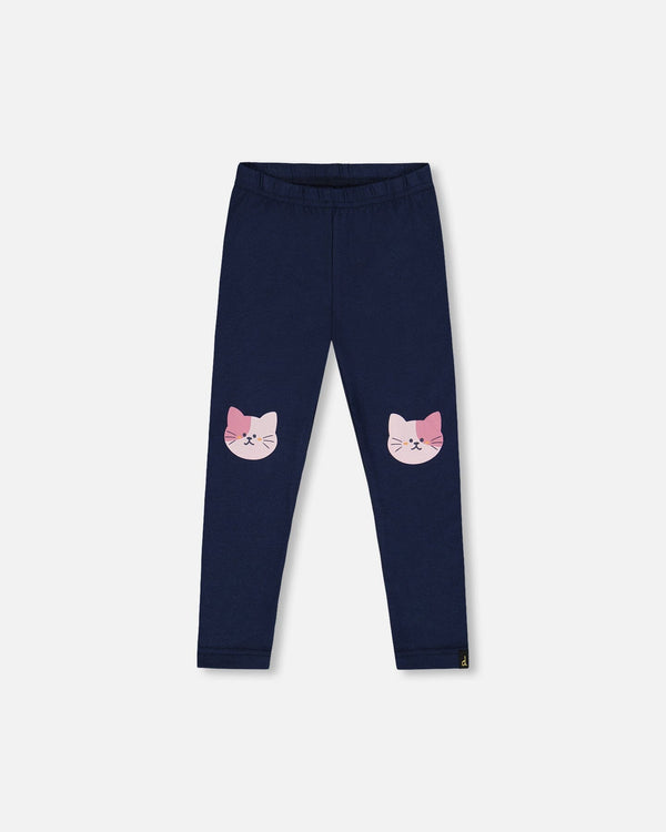 Organic Cotton Jersey Leggings Dark Blue With Cats - H20E60_499