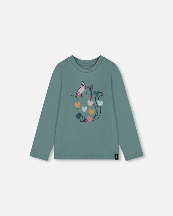 Organic Cotton T-Shirt Sage With Cat - H20E70_461