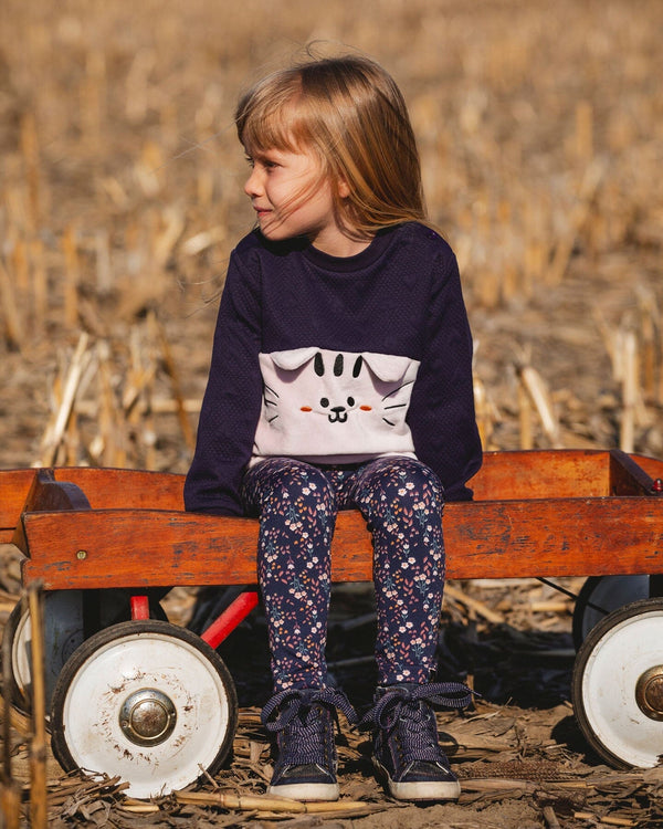 Long Bi-Material Top Dark Blue With Cat - H20E71_499