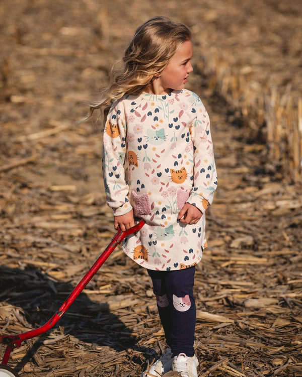 Glittering French Terry Dress Beige Printed Cat - H20E87_055