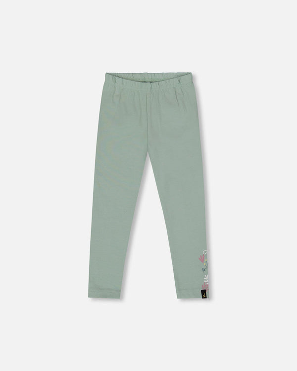 Organic Cotton Jersey Leggings Jade Green With Floral Detail - H20F60_325