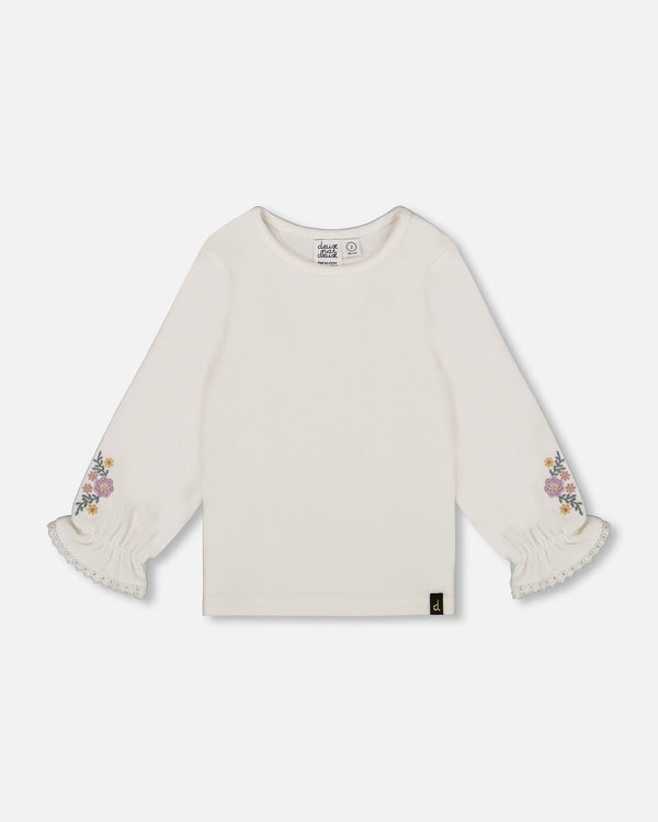 Jersey Top Off-White With Embroidered Floral Sleeves - H20F70_101