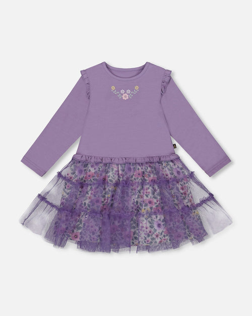 Bi-Material Dress With Muslin And Mesh Skirt Purple Gray - H20F89_547