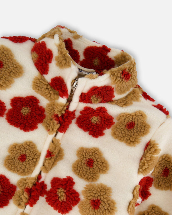 Full Zip Sherpa Jacket With Jacquard Floral Pattern Beige And Red - H20G52_000