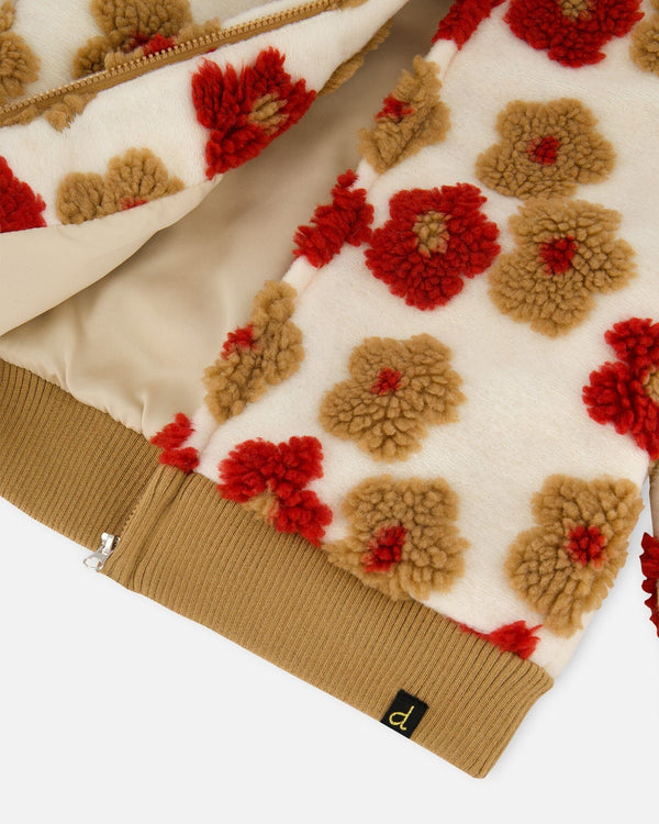 Full Zip Sherpa Jacket With Jacquard Floral Pattern Beige And Red - H20G52_000