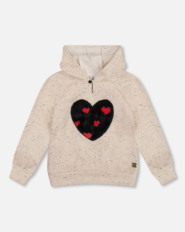 Glittering Beige French Terry Hoodie With Heart Applique - H20H31_000