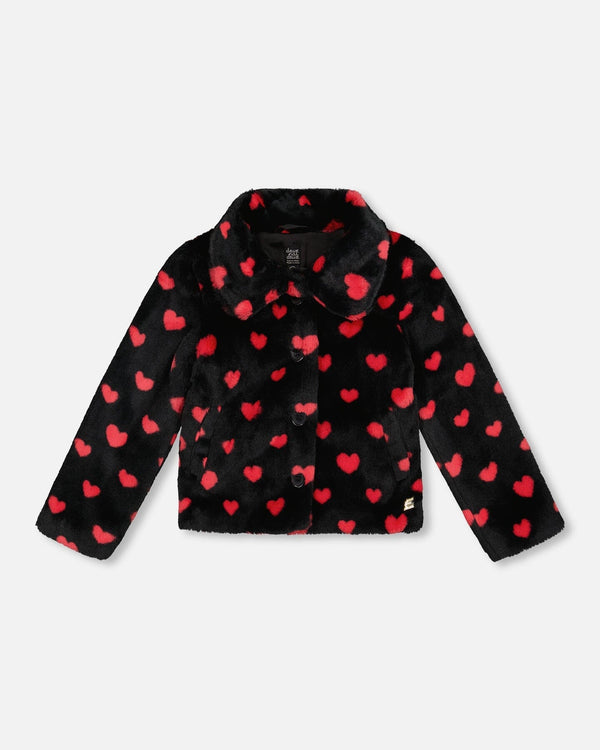 Faux Fur Short Coat Black And Red With Hearts - H20H50_000