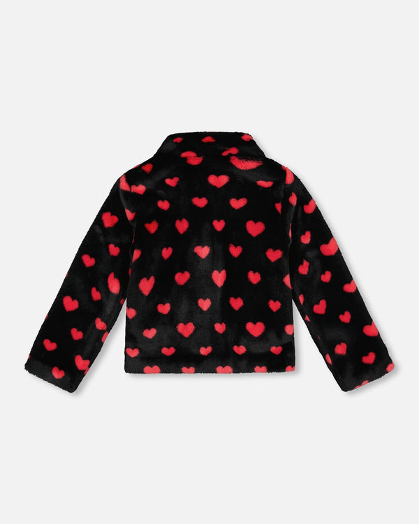 Faux Fur Short Coat Black And Red With Hearts - H20H50_000