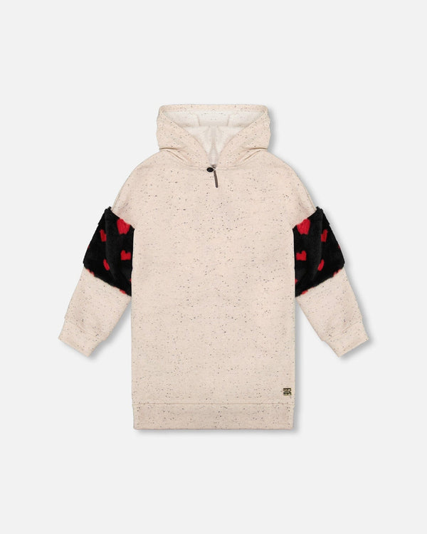 Hooded Glittering French Terry Dress Beige With Heart Bag - H20H86_000