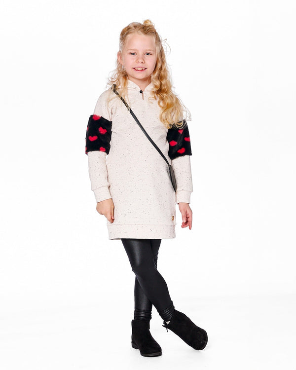 Hooded Glittering French Terry Dress Beige With Heart Bag - H20H86_000