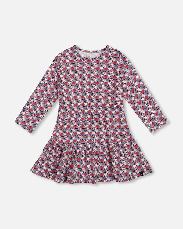 Organic Cotton Dress With Flounce Hem Blue Apple Print - H20I85_080