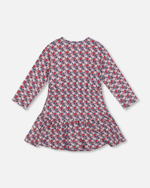 Organic Cotton Dress With Flounce Hem Blue Apple Print - H20I85_080