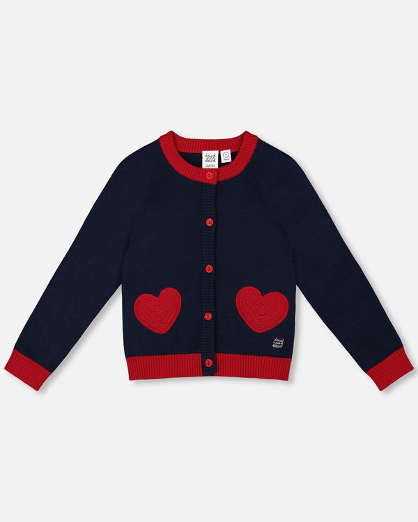 Knitted Cardigan Navy Blue With Red Embroidered Hearts - H20IT30_484