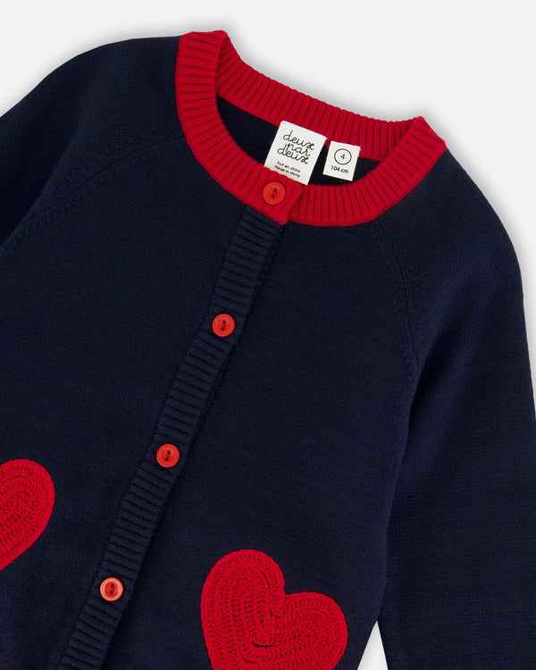 Knitted Cardigan Navy Blue With Red Embroidered Hearts - H20IT30_484