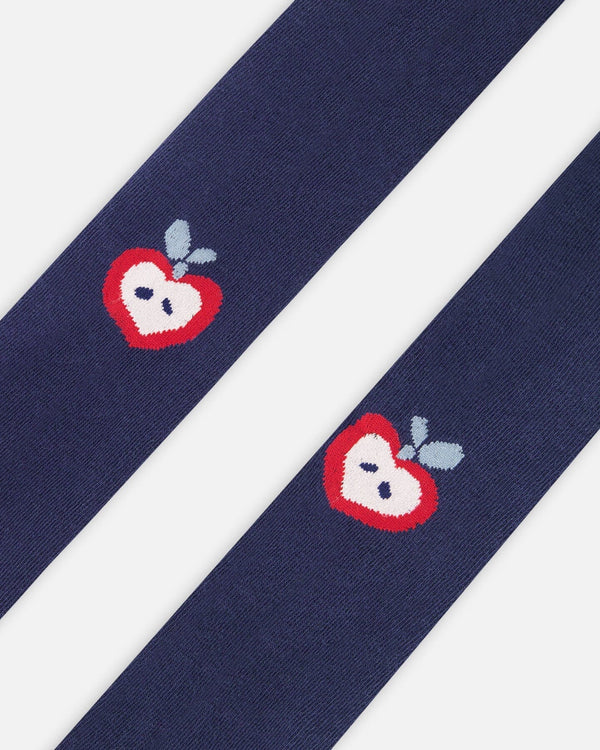 Knit Tights Navy Blue With Apples - H20IT_484