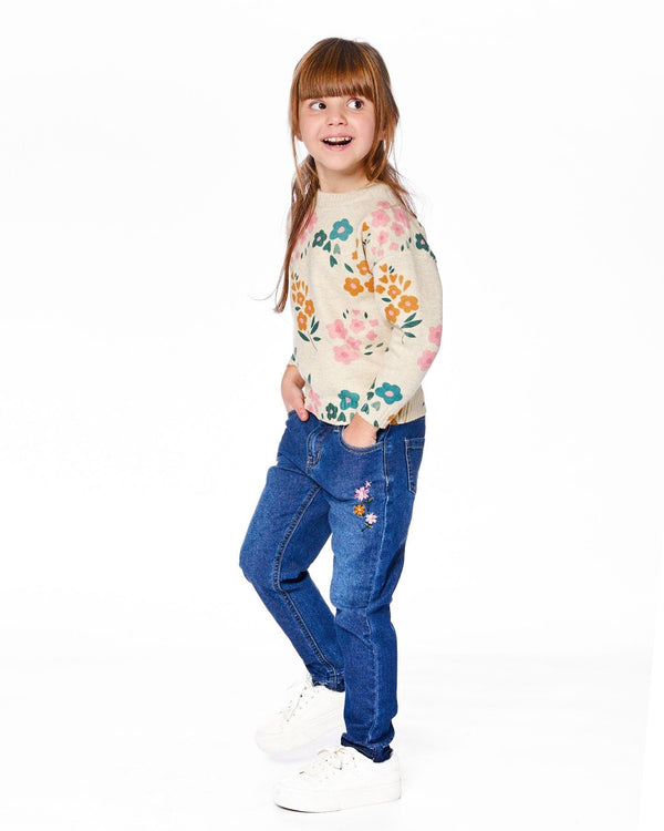 Jeans Blue Denim With Frayed Hems And Floral Embroideries - H20J21_123