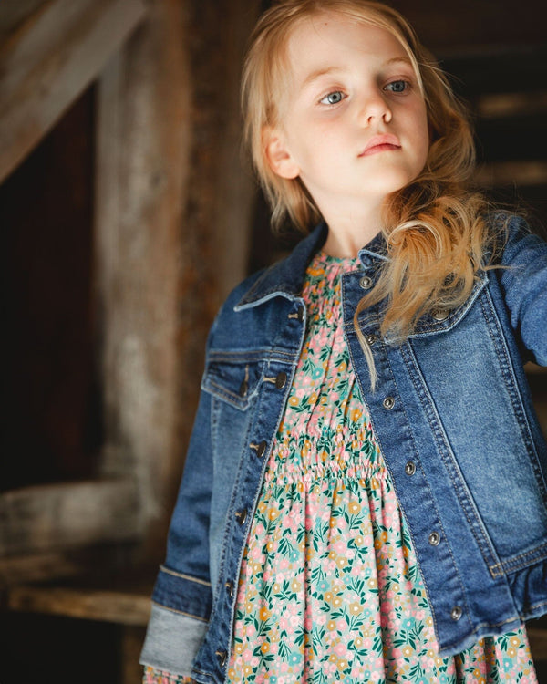 Denim Jacket Blue With Ruffle Hem And Floral Embroidery - H20J50_123