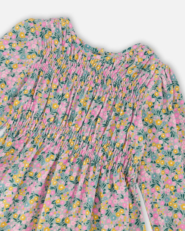 Smocked Viscose Dress Green With Floral Print - H20J87_074