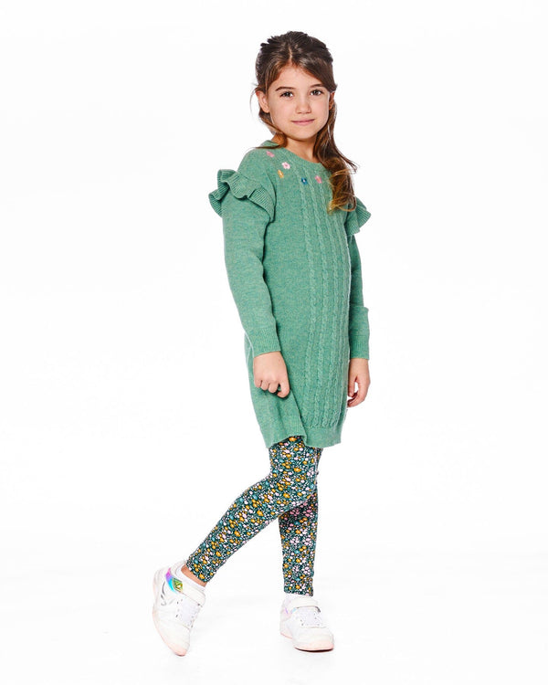 Knitted Dress Sage Green With Ruffles And Floral Embroidery - H20JT85_340