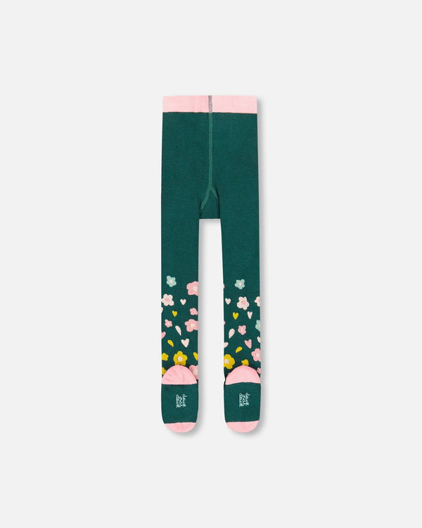 Knit Tights Dark Green With Flower Motifs - H20JT_548