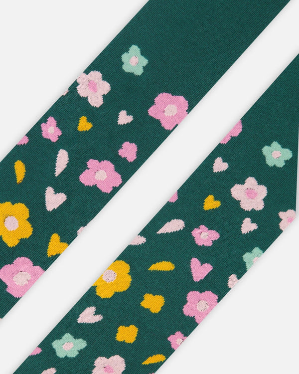 Knit Tights Dark Green With Flower Motifs - H20JT_548