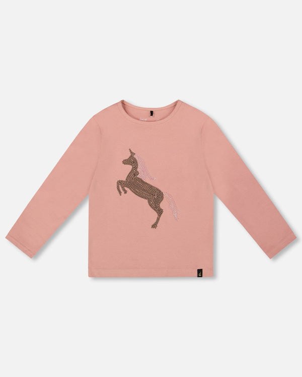 Organic Cotton Long Sleeve T-Shirt Dusty Pink With Sequin Unicorn - H20K71_650
