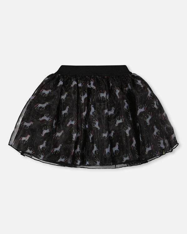 Organza And Mesh Skirt Black With Unicorn Print - H20K81_000
