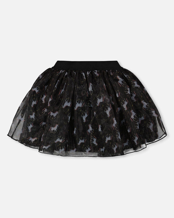Organza And Mesh Skirt Black With Unicorn Print - H20K81_000
