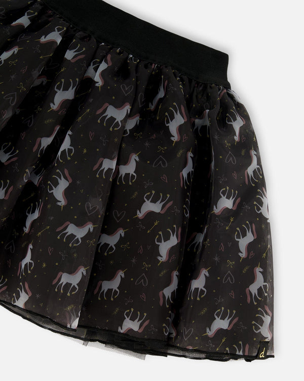 Organza And Mesh Skirt Black With Unicorn Print - H20K81_000