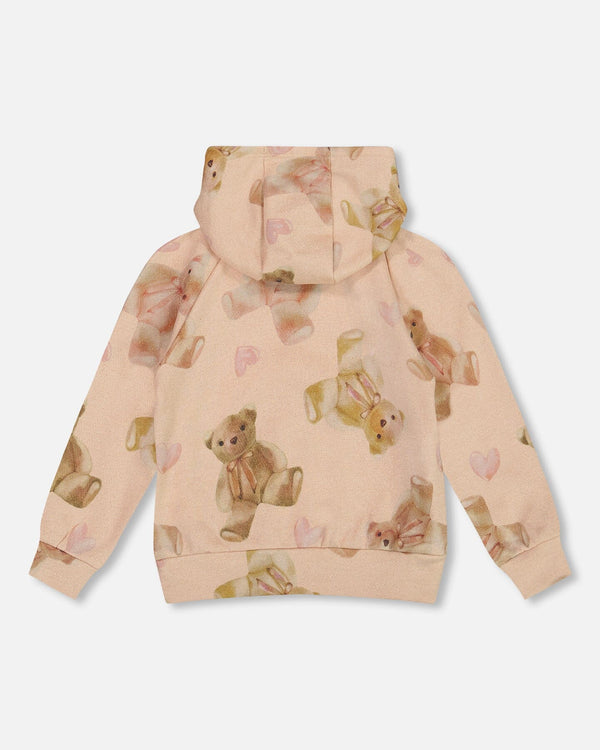 Glittering French Terry Hoodie Beige Teddy Bear Print - H20LG31_083