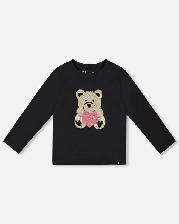 Black Organic Cotton T-Shirt With Reversible Sequin Teddy Bear - H20LG70_999