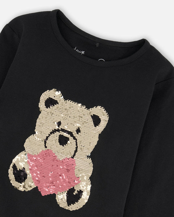 Black Organic Cotton T-Shirt With Reversible Sequin Teddy Bear - H20LG70_999
