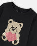 Black Organic Cotton T-Shirt With Reversible Sequin Teddy Bear - H20LG70_999