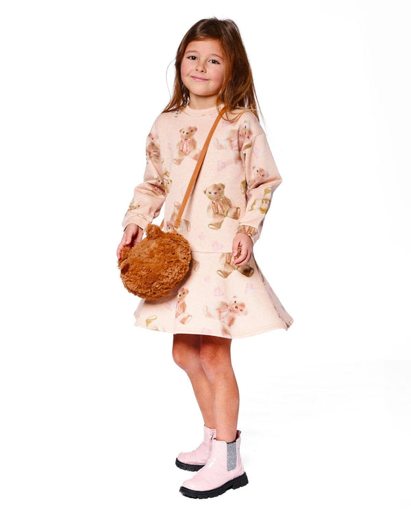 Glittering French Terry Dress Beige Teddy Bear Print - H20LG86_083