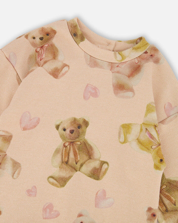 Glittering French Terry Dress Beige Teddy Bear Print - H20LG86_083