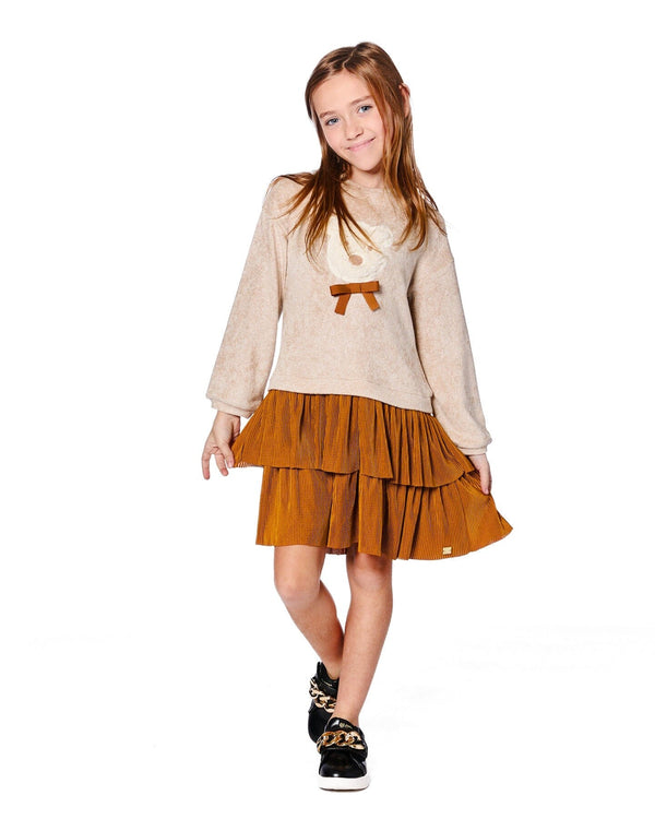 Bi-Material Dress Caramel Brown With Layered Skirt - H20LG87_173
