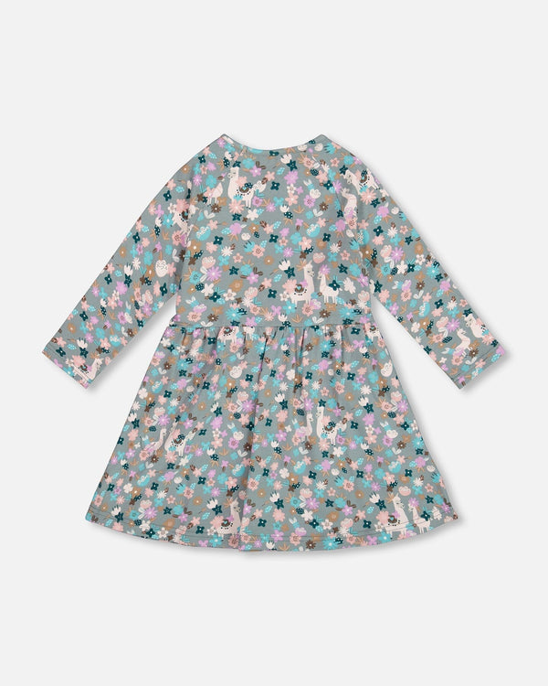Half Button Organic Cotton Dress Blue Llama Print - H20M88_081