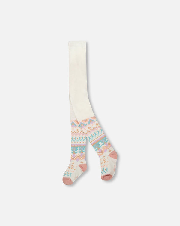 Knit Tights White Pink And Turquoise With Norwegian Jacquard - H20MT_000