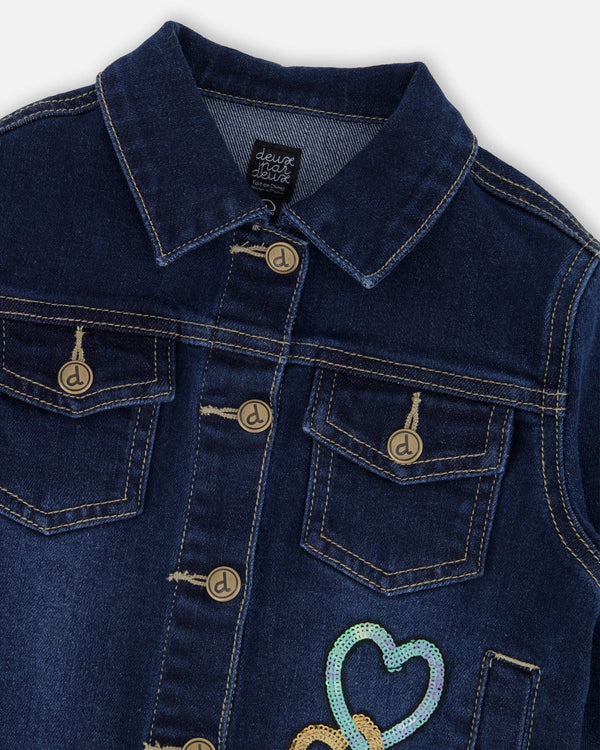 Stretch Denim Jacket Dark Blue With Glittery Hearts And Unicorn - H20N51_123