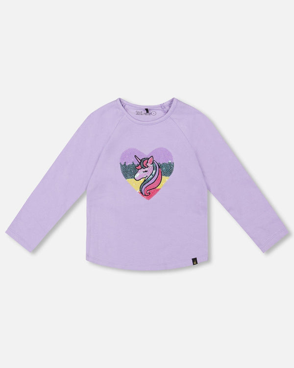 Organic Cotton Long Sleeve T-Shirt Lavender With Sequin Unicorn - H20N70_564