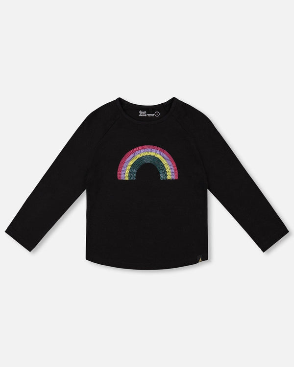 Organic Cotton Long Sleeve T-Shirt Black With Sequin Rainbow - H20N70_999