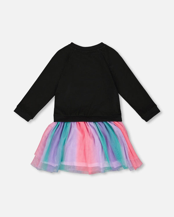 Bi-Material Dress Black With Mesh Skirt - H20N87_999