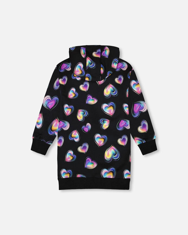 Hooded Fleece Dress Black And Multicolor With Trompe-L’Œil Bag Detail - H20N88_000