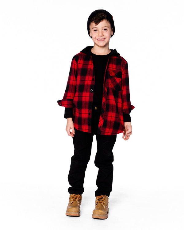 Plaid Flannel Shirt With Hoodie Red And Black - H20OB16_085