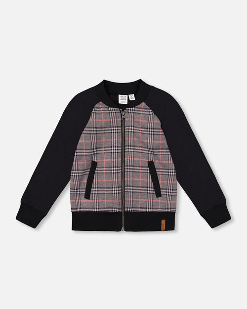 Bi-Material Zip Front Jacket Gray And Black Plaid - H20OB30_000